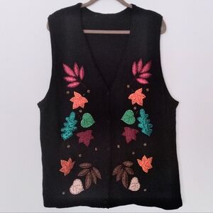 Chocolate Brown Chunky Knit Sweater Vest with Colorful Fall Leaf Appliques XL